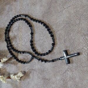 Beautiful Black and Pewter Beaded Rosary with Cross